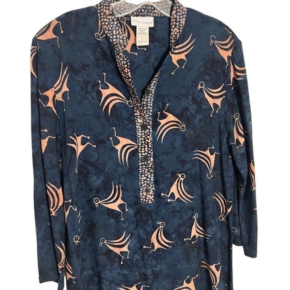 Soft Surroundings Abstract Bird Print Long Sleeve Tunic Top Navy Gold Small - Picture 2 of 6